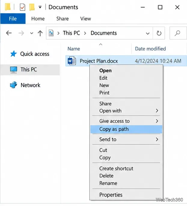 Meniul contextual din Windows 10 pentru Project Plan.docx cu fișierul Copiere ca cale evidențiat.