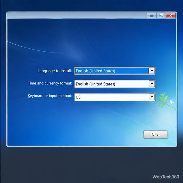 Tela de configuração do Windows 7 com opções de idioma, hora e teclado.