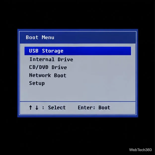 Menu de inicialização do firmware com o armazenamento USB destacado acima da unidade interna.
