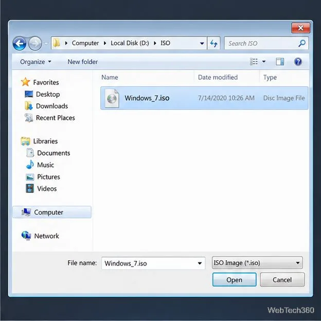 Seletor de arquivos do Windows com uma imagem ISO completa do Windows 7 selecionada.