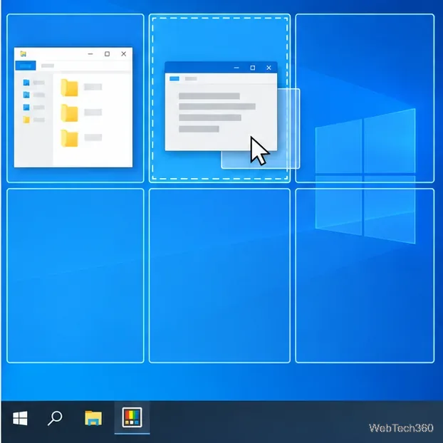 A window is being dragged toward a highlighted zone in a six-zone desktop grid.