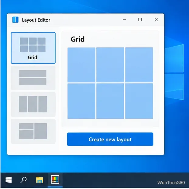 The FancyZones Layout Editor shows a six-zone Grid preview and the Create new layout button.