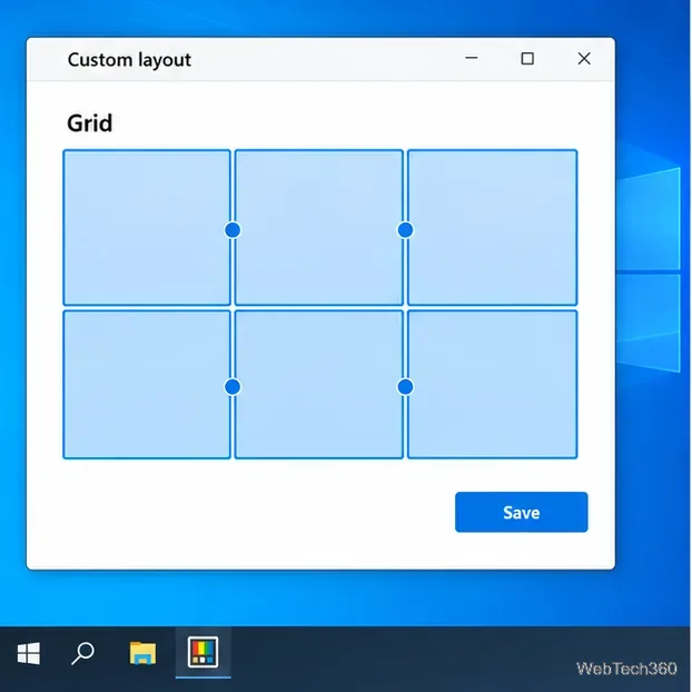 The Custom layout editor shows a three-column, two-row Grid with a Save button.