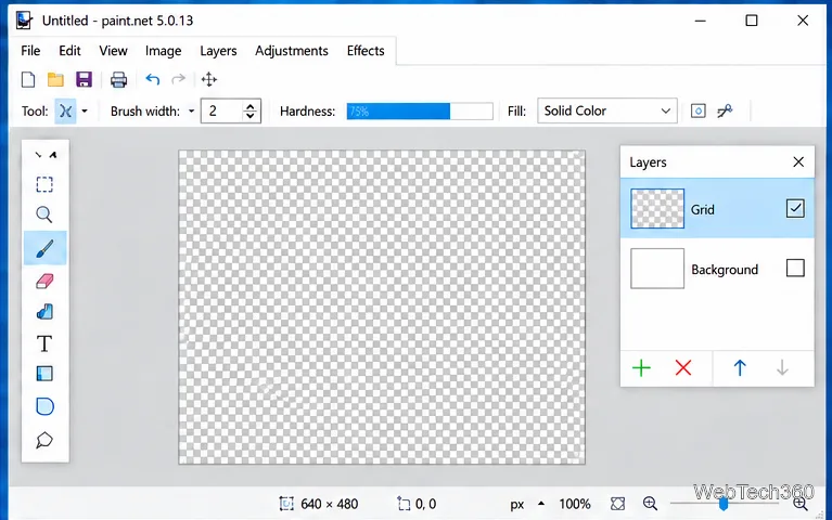 Płótno Paint.NET z wybraną przezroczystą warstwą siatki i ukrytą warstwą białego tła