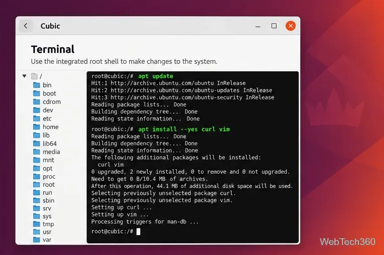 Cubic a intégré un terminal racine installant curl et vim dans le système de fichiers personnalisé.
