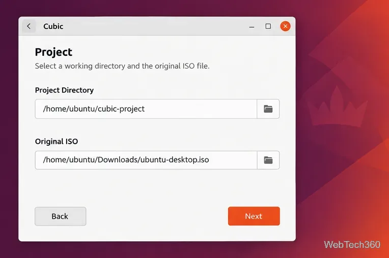Formulaire de projet Cubic avec répertoire de travail et image ISO originale du bureau Ubuntu sélectionnés.