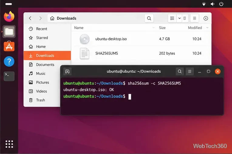 J'ai téléchargé l'image ISO d'Ubuntu Desktop à côté d'un terminal affichant la vérification SHA256SUMS et un résultat OK.