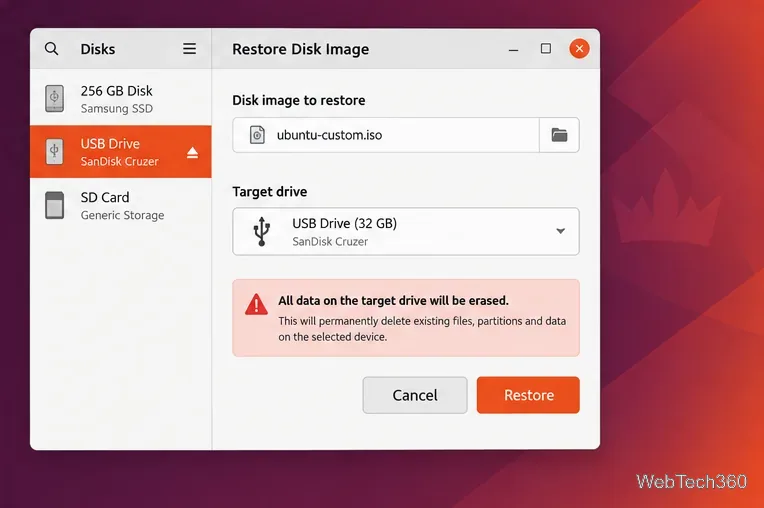 Écran de restauration d'image disque de GNOME Disks avec ubuntu-custom.iso et une clé USB amovible sélectionnés ; un avertissement indique que le disque sera effacé.