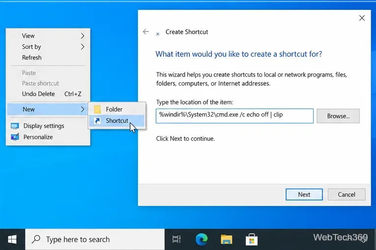 Nuevo menú de accesos directos y asistente para crear accesos directos en el escritorio de Windows 10 con el campo de ubicación visible.