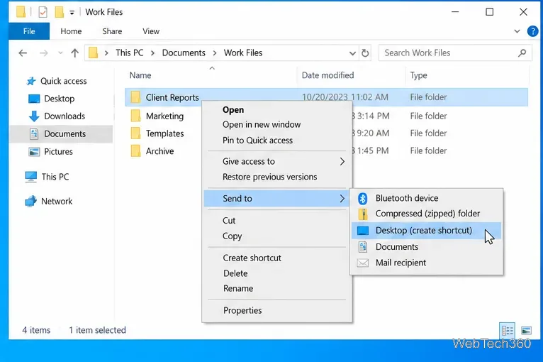 El Explorador de archivos de Windows 10 muestra "Enviar a" y "Escritorio" para crear un acceso directo a una carpeta seleccionada.