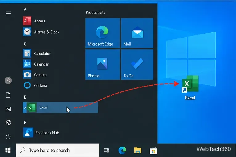 Menú Inicio de Windows 10 con una aplicación arrastrándose desde la lista de aplicaciones al escritorio.