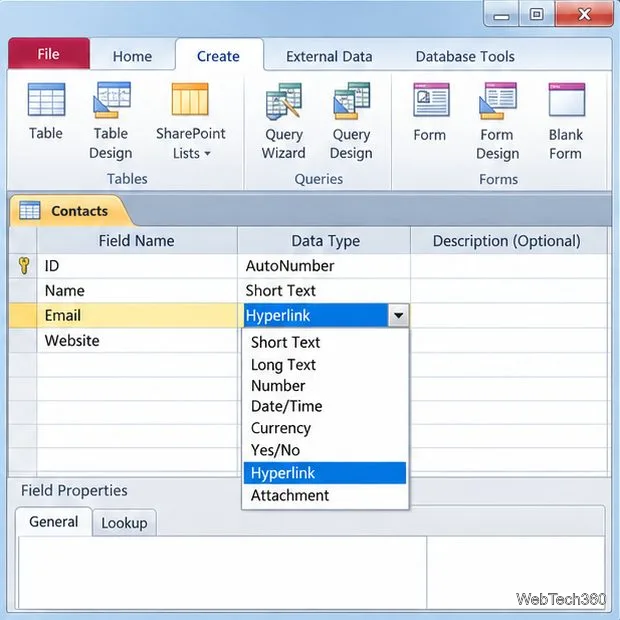 Un tableau Contacts en mode Création avec le champ E-mail défini sur le type de données Lien hypertexte