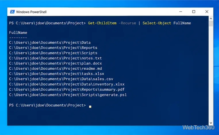 Windows PowerShell отображает полные пути к файлам и папкам, найденным в рекурсивном инвентаре.