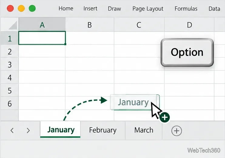 A aba da planilha de janeiro está sendo arrastada no Excel para Mac enquanto a tecla Option está pressionada, com um ícone de mais indicando que foi feita uma cópia.