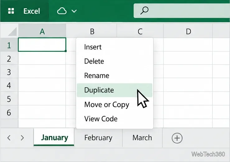 O Excel para a Web exibe o menu da guia da planilha com a opção "Duplicar" selecionada.