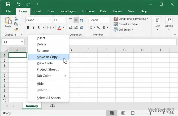 O menu de contexto da guia da planilha é aberto com as opções Mover ou Copiar selecionadas.