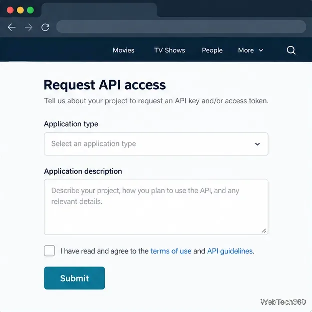 アプリケーションの種類、説明、利用規約のチェックボックス、および送信ボタンを備えた、APIリクエストフォームの例