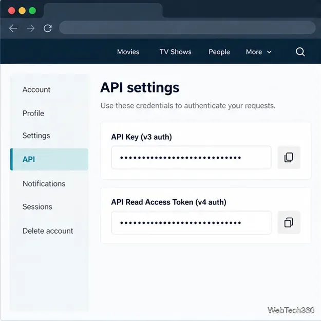 マスクされたv3 APIキーとv4読み取りアクセストークンの行が別々に表示された、API設定ページの例を示す。