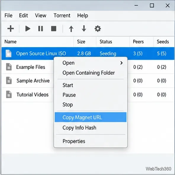 A torrent client context menu with Copy Magnet URL highlighted