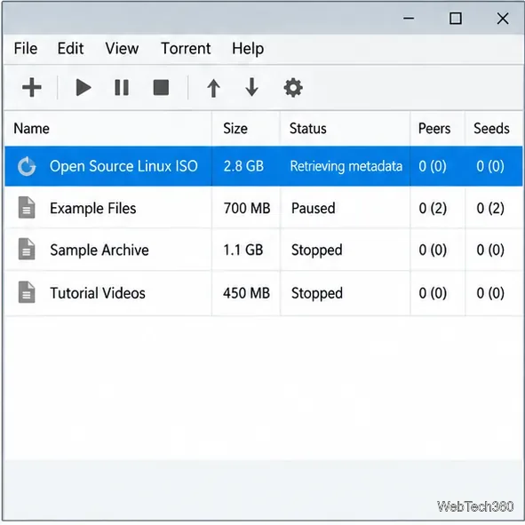 A torrent client showing a selected item in the Retrieving metadata state