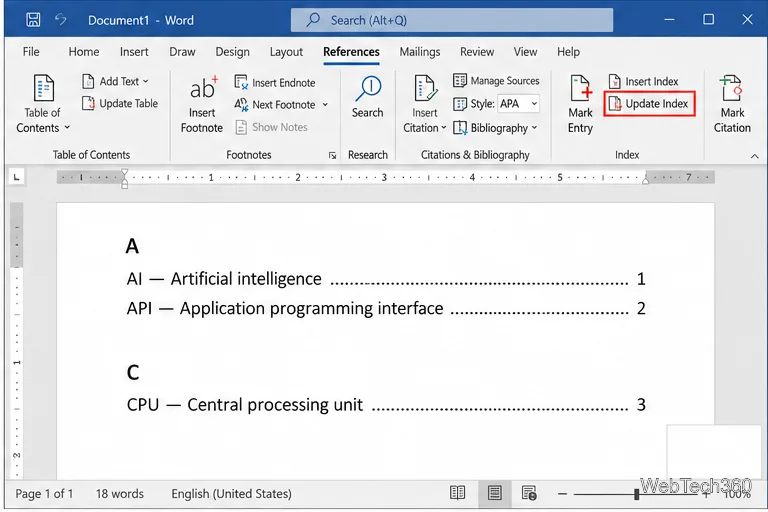 Завершен акронимный указатель в Word с записями AI, API и CPU, а также выделена команда «Обновить указатель» на вкладке «Ссылки».
