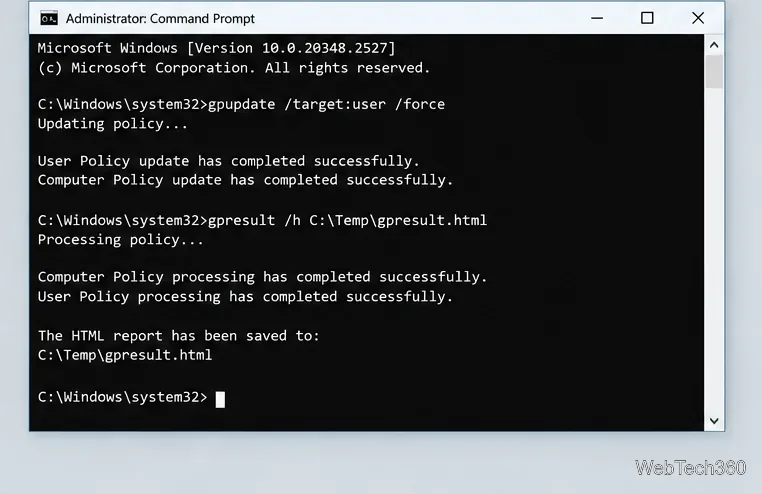 Illustration of a Windows client Command Prompt running gpupdate and creating an HTML gpresult report.