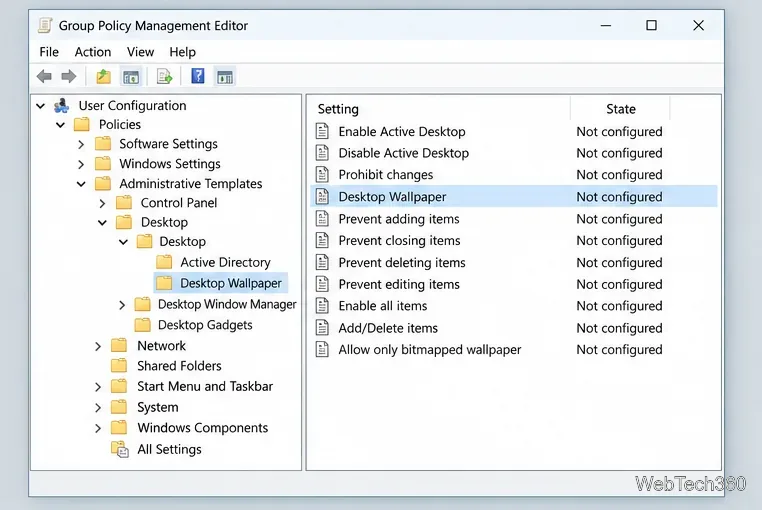 Illustration of Group Policy Management Editor with the Desktop Wallpaper setting selected under User Configuration.