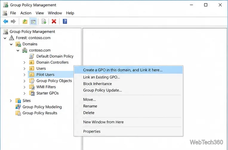 Illustration of the GPMC context menu on a pilot users OU, with the command to create and link a GPO selected.
