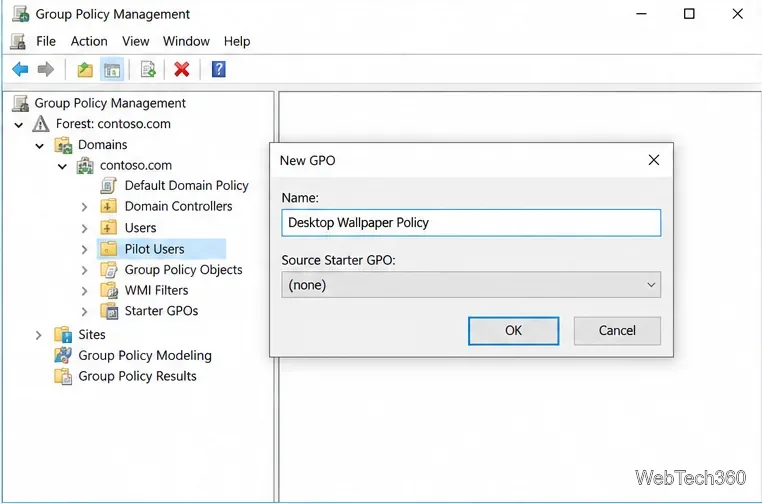 Illustration of the New GPO dialog with Desktop Wallpaper Policy entered as the policy name.