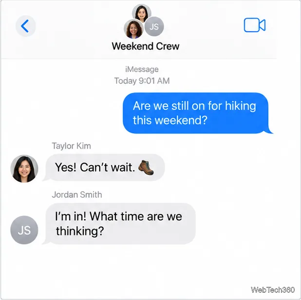 Групповая переписка в iMessage с синими пузырьками и значком группы в заголовке.