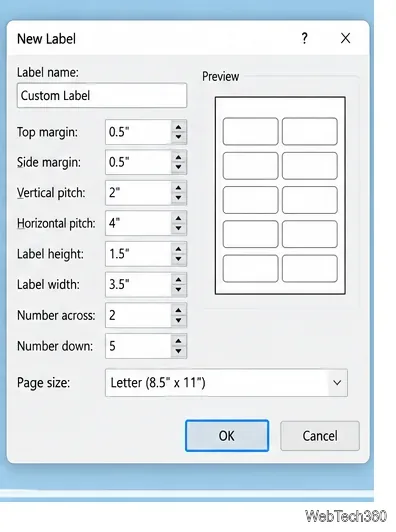 Nuevo cuadro de diálogo de etiquetas en Word con dimensiones, márgenes, espaciado y campos de tamaño de página personalizados.
