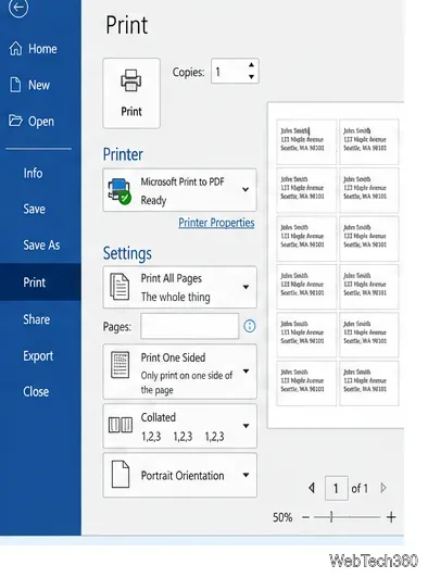 Captura de pantalla de Microsoft Word que muestra una vista previa de una hoja de etiquetas de direcciones.