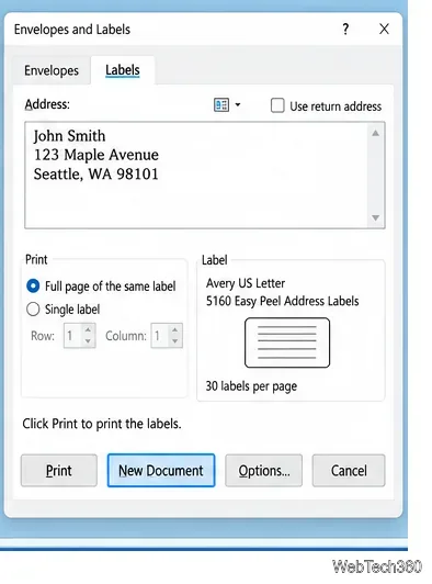 Cuadro de diálogo Sobres y etiquetas en Word con ejemplos de texto de dirección y controles de impresión de etiquetas.