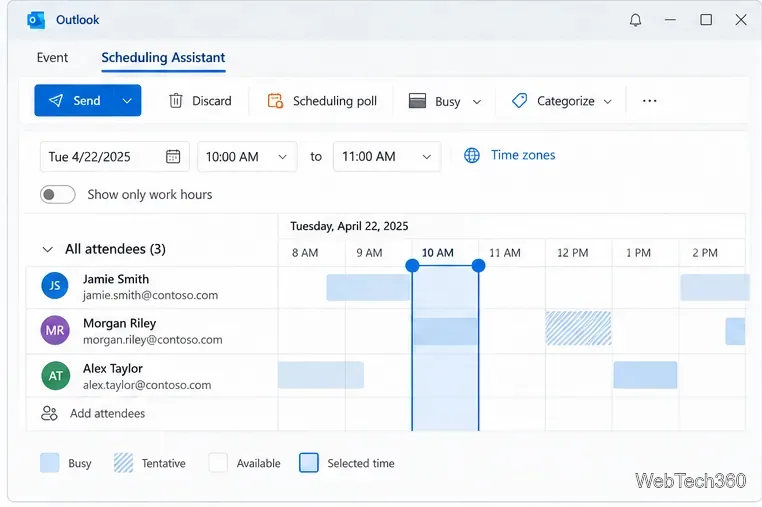 Assistente di pianificazione di Outlook con indicazione della disponibilità dei partecipanti nelle diverse fasce orarie.