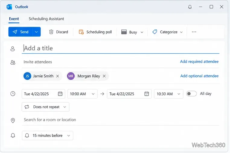Modulo di riunione Outlook con controlli per i partecipanti obbligatori e facoltativi e campi data.