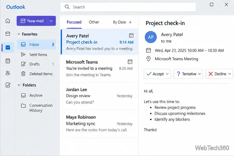 Invito alla casella di posta Outlook con opzioni di risposta Accetta, Provvisorio e Rifiuta