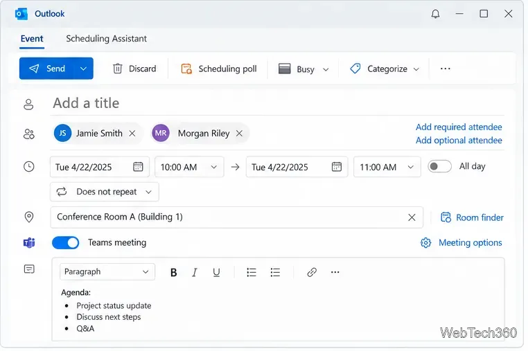 Modulo di riunione di Outlook con ubicazione della sala, interruttore per la riunione di Teams e ordine del giorno.