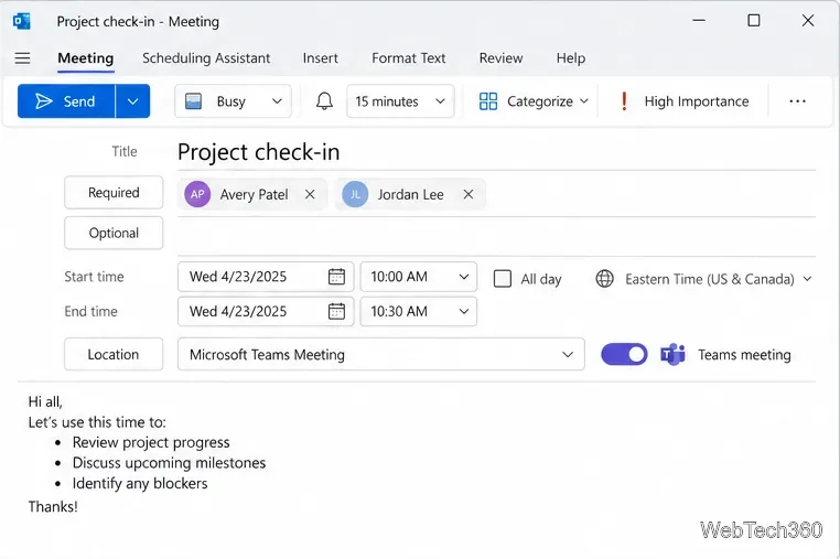 Invito Outlook pronto per l'invio con oggetto, partecipanti, orario e dettagli della riunione Teams.