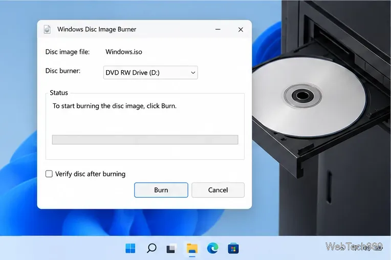 O Windows Disc Image Burner está pronto para gravar o arquivo Windows.iso em uma unidade de DVD RW, com verificação de disco disponível.
