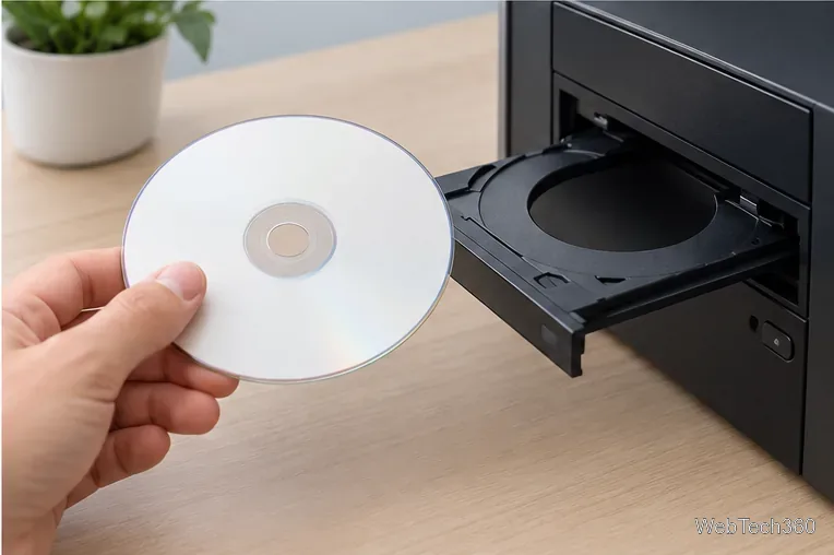 Um disco óptico virgem é posicionado ao lado de uma bandeja de disco de computador aberta antes de gravar uma imagem ISO.
