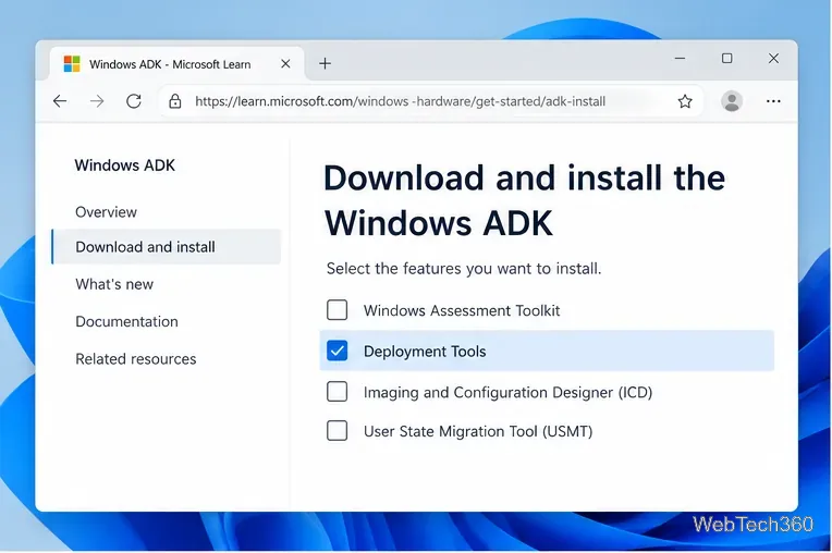 A página de configuração do Windows ADK tem a opção "Ferramentas de Implantação" selecionada, o componente que inclui o Oscdimg.