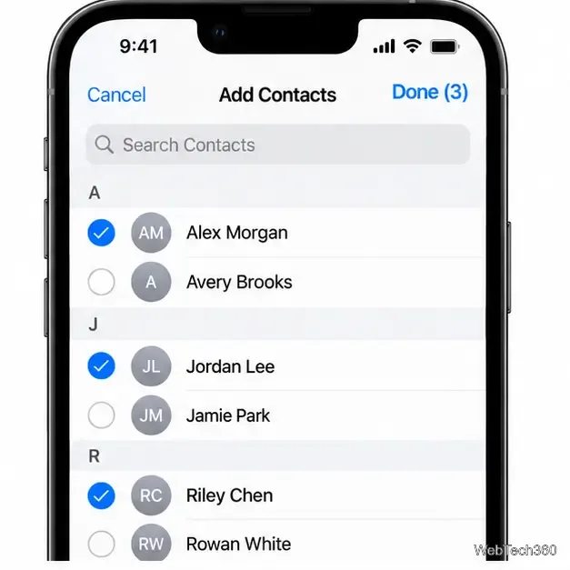 O seletor "Adicionar Contatos" do iPhone com três contatos selecionados e a opção "Concluído" na parte superior.