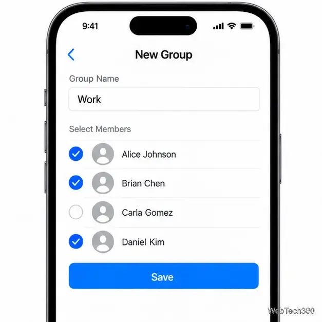 Um editor de aplicativos de grupos de contatos para iPhone com um grupo de trabalho, membros selecionados e um botão Salvar.