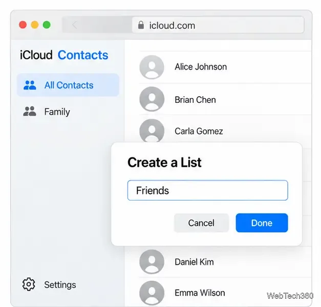 Acesso aos contatos do iCloud.com em um navegador de computador com uma caixa de diálogo "Criar uma lista" para uma lista chamada "Amigos".