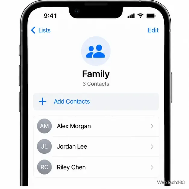 Lista de contatos da família no iPhone com um botão "Adicionar contatos" acima de três membros.
