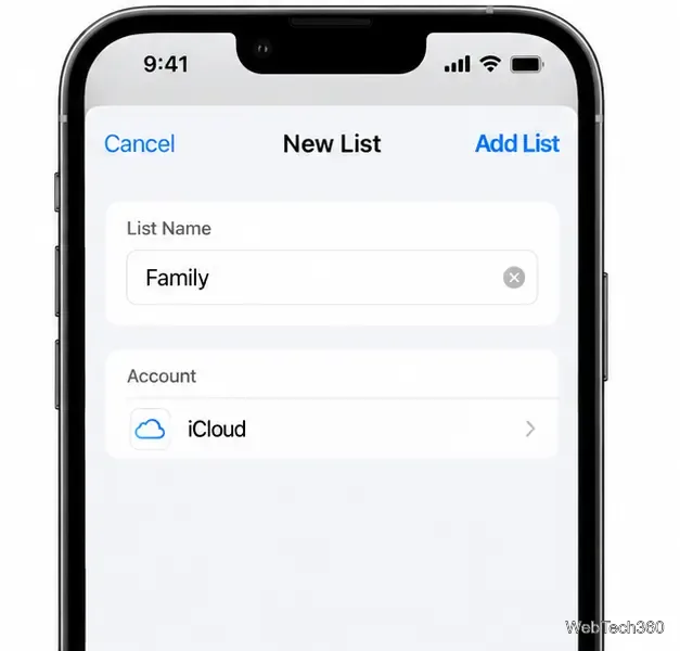 Uma nova tela da lista de aplicativos do iPhone com o nome "Família" e o iCloud selecionado como a conta.