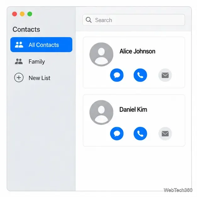 O app Contatos do Mac exibe uma nova lista na barra lateral ao lado de dois cartões de contato.