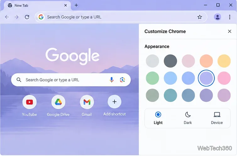 Panoul Aspect Chrome cu mostre de culori și opțiuni de afișare Luminos, Întunecat și Dispozitiv