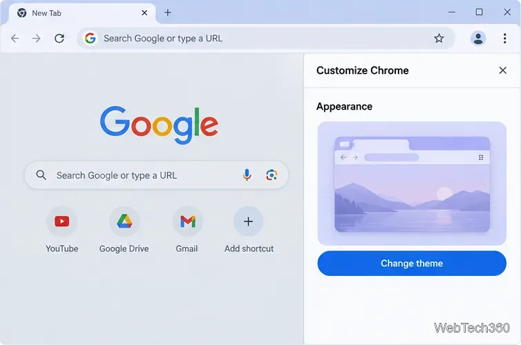 Personalizați panoul lateral Chrome afișând Aspectul și butonul Schimbare temă