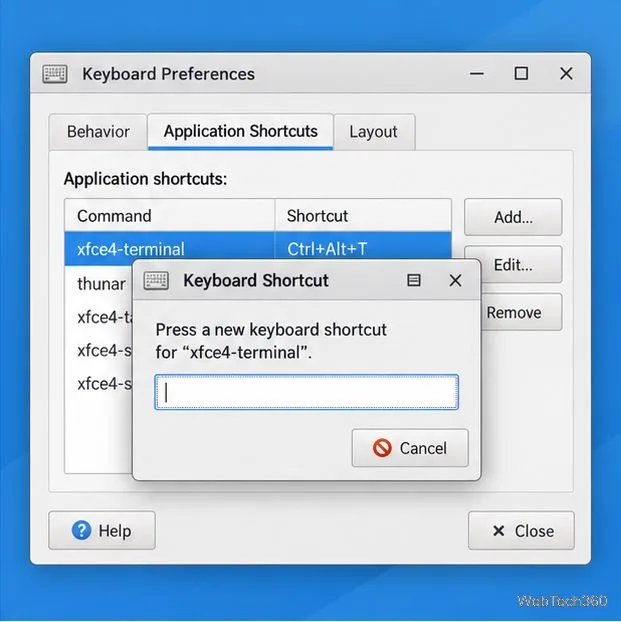 Boîte de dialogue de capture de raccourcis Xfce s'affichant au-dessus de la liste des raccourcis d'application, invitant à saisir une nouvelle combinaison de touches.
